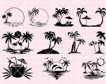 Beach scene svg bundle, Sunset beach svg, dxf, png, jpg, Beach life svg, Island palm tree svg, Tropical island svg, Instant Download