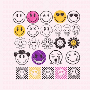Smiley face svg, smiley svg, drippy smiley svg, melting smiley svg, checkered smiley svg, happy face svg, emoji svg, trendy svg png cut file