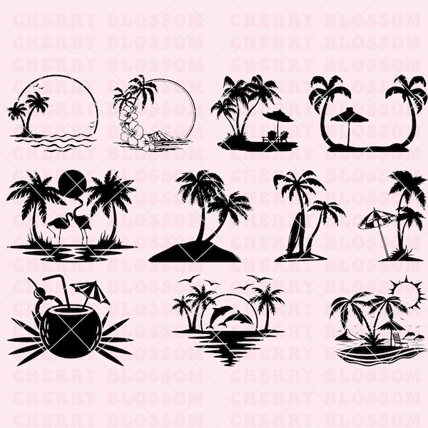 Beach scene svg bundle, Sunset beach svg, dxf, png, jpg, Beach life svg, Island palm tree svg, Tropical island svg, Instant Download