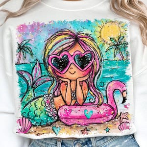 Sirène BCBG PNG, fille de plage avec un design de lunettes de soleil, Design coloré dessiné à la main en sublimation d'été, téléchargement numérique d'été de T-shirt pour enfants