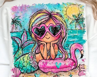 Preppy Mermaid PNG, Beach Girl with Sunglasses Design, Hand drawn Colorful Summer Sublimation Design, Kids T-Shirt Summer Digital Download