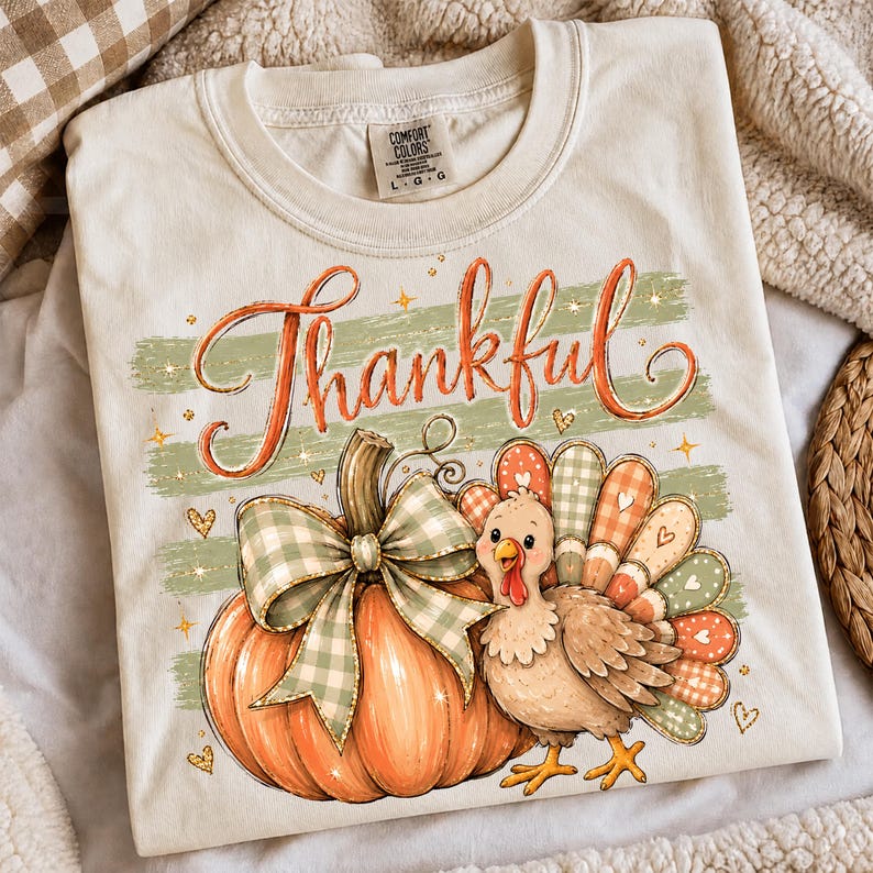 May include: A cream-colored t-shirt featuring a graphic of an orange pumpkin with a green gingham bow and a cartoon turkey with patterned tail feathers. The word Thankful is printed in orange script above the pumpkin, accented by small gold stars.