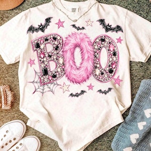 Strass boo Halloween png, schattig spookje png, Lacey spook met strik herfst png, preppy halloween, spookshirt png, strikje png, halloweenshirt afbeelding 3