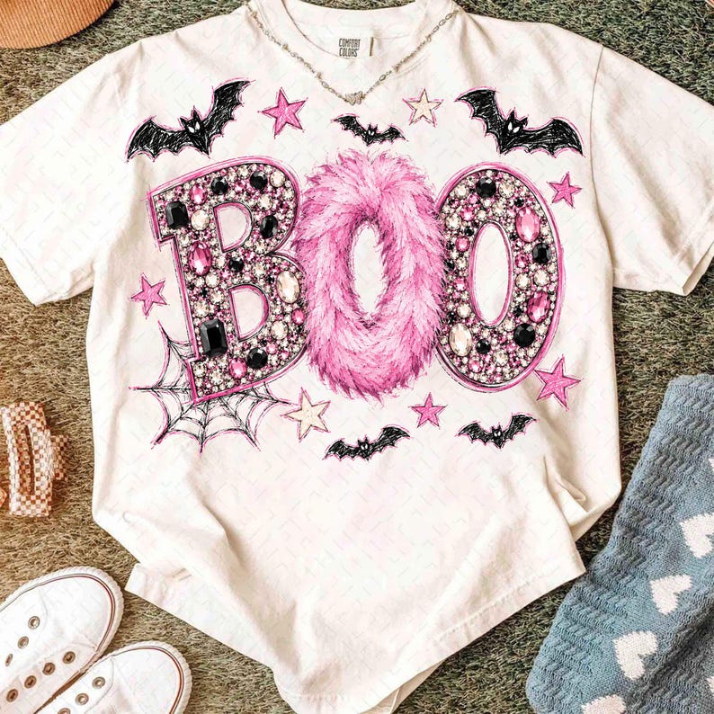 Strass boo Halloween png, schattig spookje png, Lacey spook met strik herfst png, preppy halloween, spookshirt png, strikje png, halloweenshirt afbeelding 3