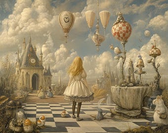 May include: A painting of a young girl in a white dress standing on a checkered floor in a whimsical landscape. The scene features a castle with a clock tower, hot air balloons, and a variety of fantastical elements.