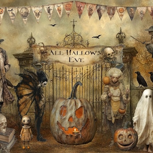 Könnte beinhalten: Eine gruselige Halloween-Szene mit einem Tor, auf dem "All Hallows' Eve" steht. Es gibt mehrere Figuren, darunter ein Geist, eine Hexe, eine ausgehöhlte Kürbislaterne und eine Puppe. Die Szene spielt vor dem Hintergrund eines dunklen Waldes.