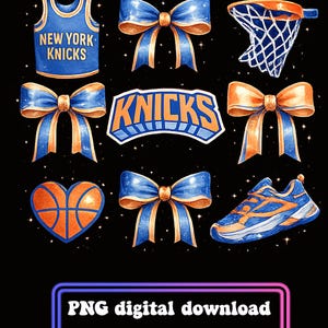 May include: A digital PNG download featuring New York Knicks basketball-themed graphics. Includes a jersey, bows, a basketball heart, a net, a shoe, and the team's logo. The text "PNG digital download" is also present.