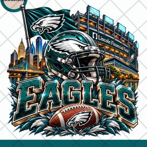 May include: A digital graphic featuring a Philadelphia Eagles football helmet, a brown football with the team logo, and the word EAGLES in bold lettering. The background displays Lincoln Financial Field, a city skyline, and a bridge at night.
