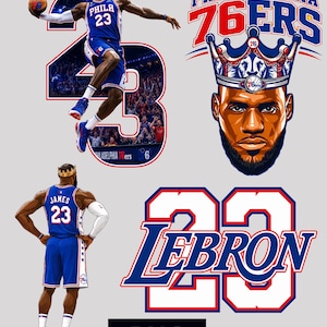 May include: A digital graphic design featuring LeBron James in a blue Philadelphia 76ers uniform with the number 23. It includes a portrait wearing a crown, a full-body action shot, a back view, and text reading Philadelphia 76ers and Lebron 23.