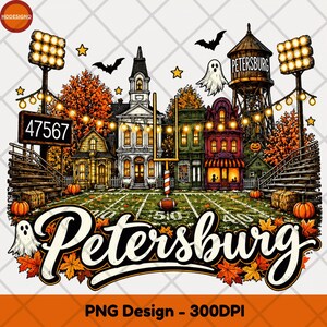 Puede incluir: Una ilustración digital que muestra un campo de fútbol americano con postes de meta, luces de estadio y gradas. La escena incluye una torre de agua con la etiqueta Petersburg, árboles de otoño, calabazas, fantasmas, murciélagos y el texto.