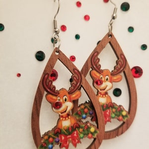 Christmas  Reindeer Earrings -Rudolph bright red nose