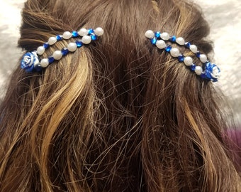 Blue Rose Hair Clips with rhinestones