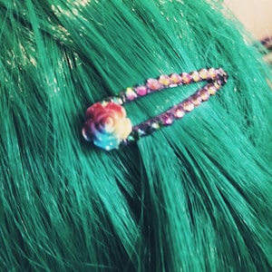 Rainbow Rose Hair Clips  With Glass Rhinestones Heavy Duty Colored Hair Clip
