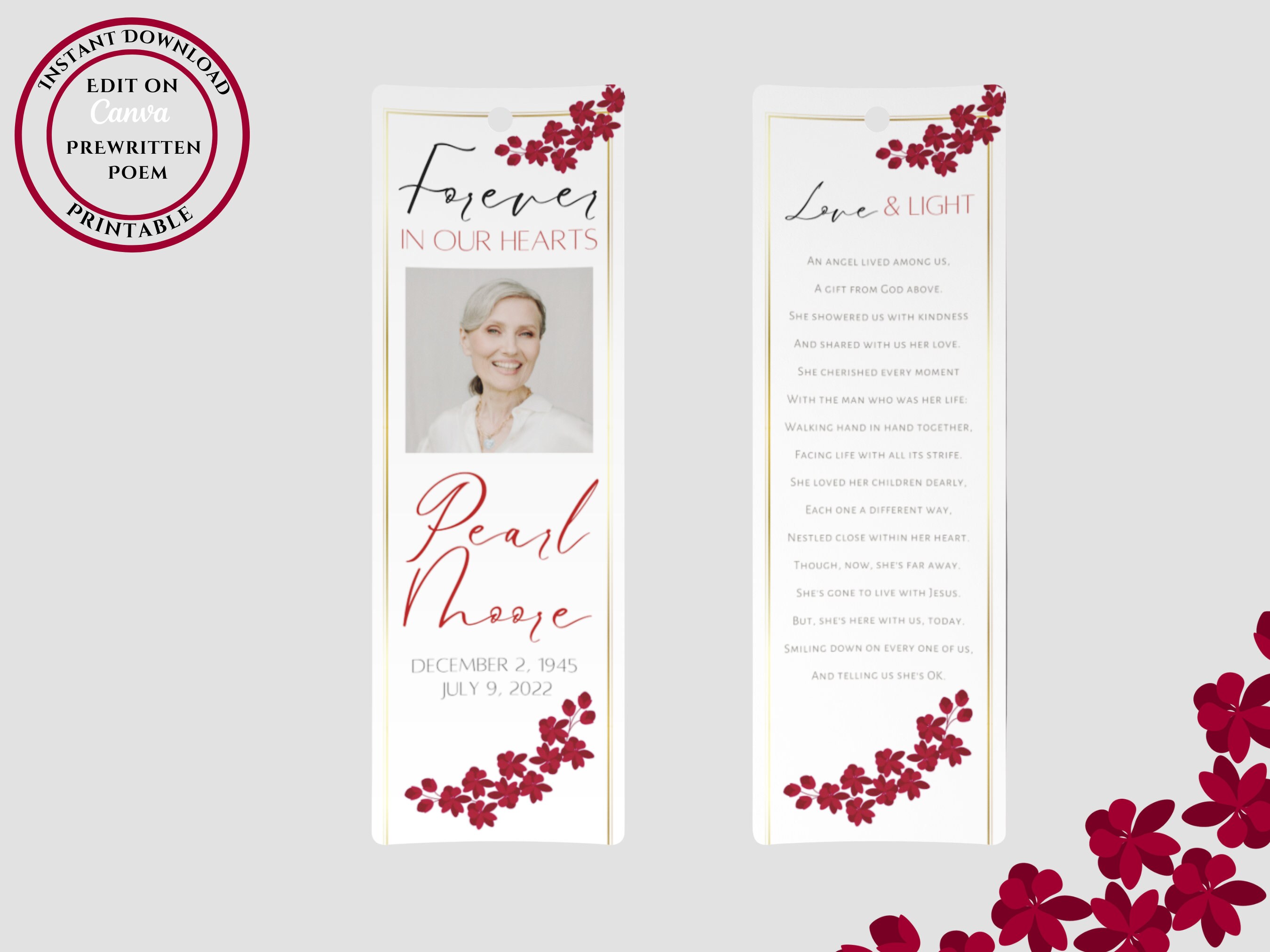 Red Funeral Bookmark Template Printable Memorial Bookmark Template Obituary Template Funeral ...