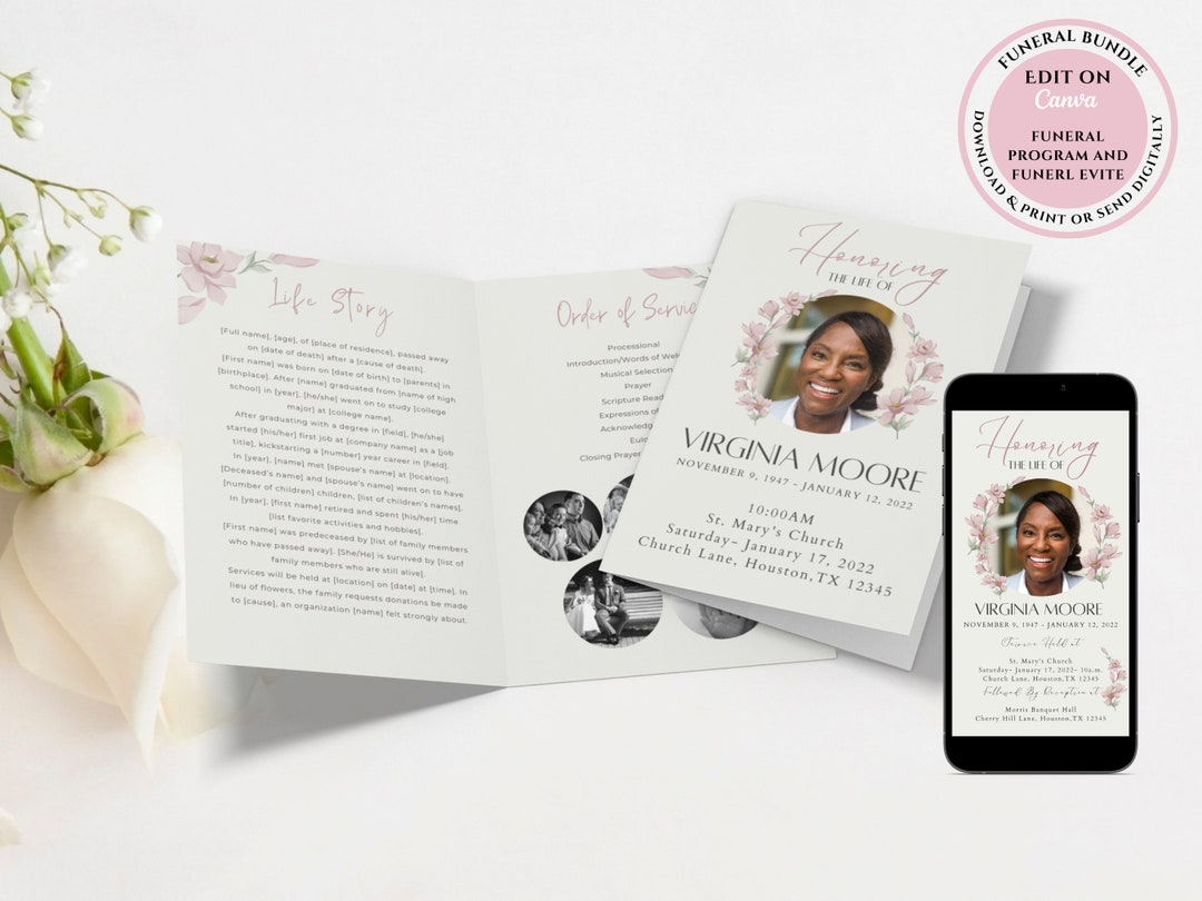 Blush Pink Funeral Program Template Memorial Service Program Obituary ...