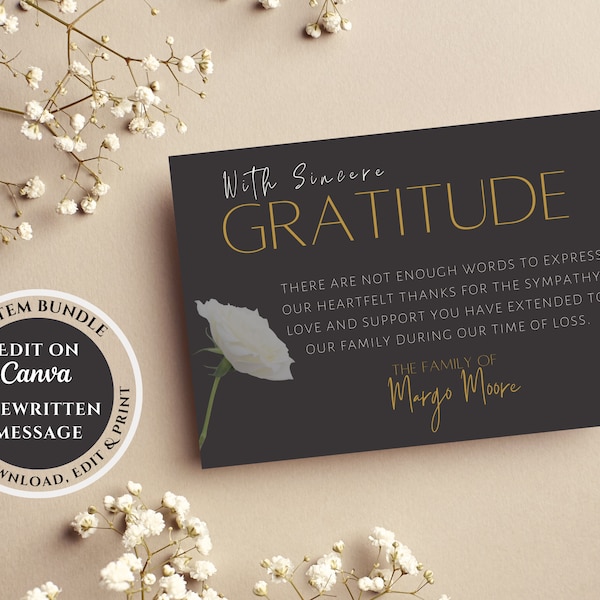 Memorial Thank You Card Template Printable Funeral Note Cards Sympathy Notes Editable Funeral Thank You Card