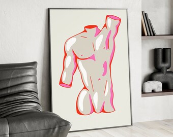 Red Pink Sculpture Poster, Male Body Art, Statue Print, Sculpture Art Print, Sculpture Print, Rome Statue, Greek Statue, Graphic Art Print