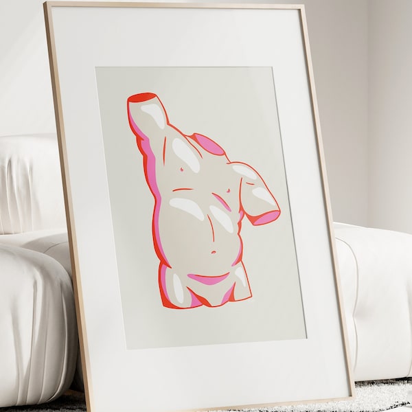 Red Pink Sculpture Poster, Male Body Art, Statue Print, Think Man Poster, Sculpture Print, Rome Statue, Greek Statue, Graphic Art Print