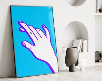 Fingers Pointing Poster, Open Hand Print, Blue Abstract Hand Art Print, Creation Hand Print, Lucky Girl Poster, Blue Contemporary Print