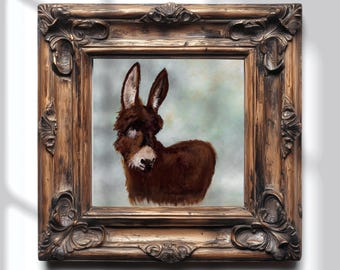 May include: A painting of a brown donkey in a gold ornate frame. The donkey is looking to the left of the frame. The background is a light blue and white watercolor wash.