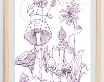 Impresión de hongos psicodélicos / Hongos fantásticos / Impresión de hongos botánicos / Arte de pared de estilo cottagecore / Descarga digital