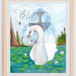 Swan Lake Painting Print | Original Canvas Painting Print | Swan Art | Swan Fountain Art | Cute Cottagecore Wall Art Prints