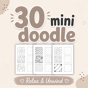 Peut inclure: Image avec le texte "30 mini doodle" dans une police ludique. En dessous, trois feuilles de motifs de gribouillis carrés, chacun avec un motif différent. La phrase "Relax & Unwind" est en bas.