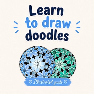May include: An illustrated guide with the text "Learn to draw doodles" in dark blue and light blue. Two circular designs feature blue and green floral patterns on a black background. The text "Illustrated guide" is below the designs.