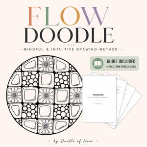 Peut inclure: Une ressource de dessin intitulée FLOW DOODLE, présentant un motif géométrique circulaire en noir et blanc avec des motifs floraux et à pois. Elle comprend un guide de 4 pages avec une page de couverture intitulée FlowDoodle, une expérience de dessin intuitive, consciente et relaxante.
