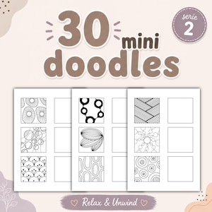 Może przedstawiać: Trzy strony do wydrukowania z czarno-białymi mini wzorami doodle. U góry widnieje napis "30 mini doodles", a w okręgu "serie 2". Na dole znajduje się fraza "Relax & Unwind".