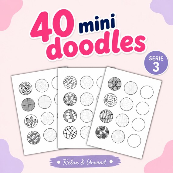 Printable Adult Coloring Pages PDF – 40 Mini Doodles, Relaxing Guided Drawing, Stress Relief Activity, Instant Download A4 US Letter Serie 3