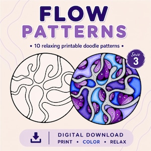Peut inclure: Téléchargement numérique avec deux motifs de gribouillis circulaires. L'un est un contour noir et blanc, l'autre est coloré avec des nuances de violet, de bleu et de blanc. Le texte indique "FLOW PATTERNS" et "10 motifs de gribouillis imprimables relaxants."