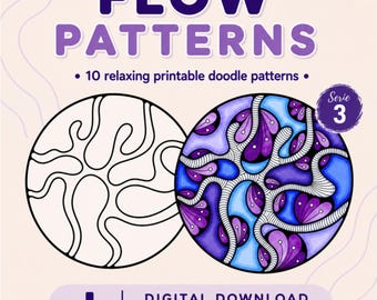 Könnte beinhalten: Digitaler Download mit zwei kreisförmigen Doodle-Mustern. Eines ist eine Schwarz-Weiß-Umrisslinie, das andere ist mit Lila-, Blau- und Weißtönen gefärbt. Der Text lautet "FLOW PATTERNS" und "10 entspannende druckbare Doodle-Muster."