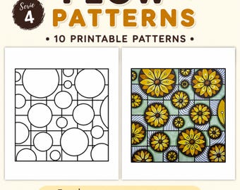 Könnte beinhalten: Ein digitaler Download mit dem Titel FLOW PATTERNS SERIE 4 mit 10 druckbaren Mustern. Das Bild zeigt zwei quadratische Designs: eines ist eine schwarz-weiße Strichzeichnung aus Kreisen und Gittern, das andere eine farbige Version mit gelben Blumen.