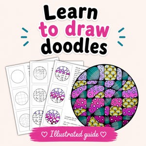 Puede incluir: Una guía ilustrada para dibujar garabatos. La imagen muestra una pila de papel blanco con círculos y patrones, y un garabato colorido terminado. El texto "Learn to draw doodles" está en la parte superior, con "Illustrated guide" en la parte inferior.