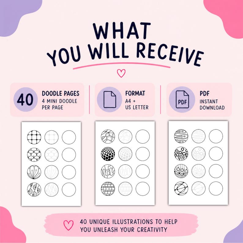Puede incluir: Un conjunto de descarga digital con 40 p&aacute;ginas de garabatos con 4 mini garabatos por p&aacute;gina en formatos A4 y US Letter. El gr&aacute;fico incluye el texto WHAT YOU WILL RECEIVE, 40 DOODLE PAGES, FORMAT A4 + US LETTER, PDF INSTANT DOWNLOAD y 40 UNIQUE ILLUSTRATIONS.