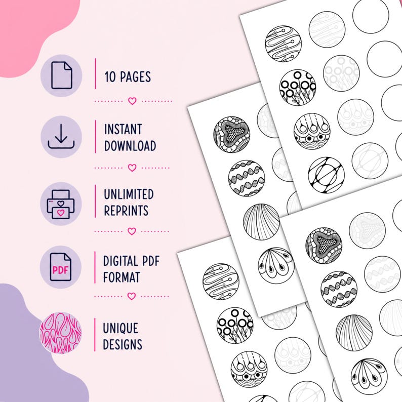 Puede incluir: Un conjunto de colorear digital con 10 p&aacute;ginas de patrones circulares en blanco y negro. El dise&ntilde;o incluye iconos para 10 p&aacute;ginas, descarga instant&aacute;nea, impresiones ilimitadas, formato PDF digital y dise&ntilde;os &uacute;nicos junto a hojas de arte lineal.