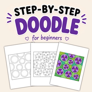 Könnte beinhalten: Drei weiße Papierbögen mit Doodle-Designs für Anfänger. Das obere Blatt trägt den Text "STEP-BY-STEP DOODLE for beginners" in Schwarz und Lila. Die Doodle-Designs umfassen Kreise, Blumenmuster und ein farbenfrohes Blumenmuster.