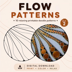 Peut inclure: Téléchargement numérique présentant deux motifs de gribouillis circulaires. L'un est un dessin au trait en noir et blanc, l'autre est un motif coloré avec des éléments marron, dorés et bleus. Le texte indique "FLOW PATTERNS" et "DIGITAL DOWNLOAD".