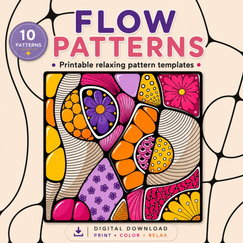 Flow Patterns Printable Coloring Pages – Relaxing Abstract Art PDF Vol ...