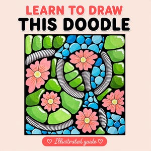 Puede incluir: Una ilustración gráfica cuadrada titulada LEARN TO DRAW THIS DOODLE con el subtítulo Illustrated guide. La obra presenta un patrón estilo mosaico de flores rosas, formas verdes, círculos azules y segmentos grises con rayas curvas.