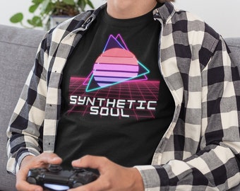 Synthetic Soul Sunset T-shirt Pink Blue Neon Retro Retrowave Synthwave Vaporwave Vector Grid Digital Gift for Him Gamer Nerd Tee Top Sweater