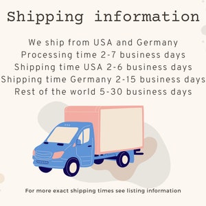 May include: Illustration of a blue delivery truck with a pink box on the back. The text reads "Shipping information" and lists processing and shipping times from the USA and Germany.  The text also includes shipping times for the rest of the world.