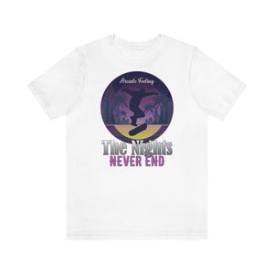 May include: White t-shirt with a retro-style graphic of a skateboarder in silhouette, palm trees, and the text "Arcade Feeling The Nights NEVER END".