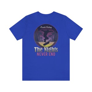 May include: A royal blue t-shirt with a retro-style graphic of a skateboarder in silhouette, palm trees, and the text "Arcade Feeling The Nights Never End".