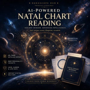 May include: An advertisement for an AI-powered Natal Chart Reading. The image features a dark blue book with gold lettering, surrounded by papers and a cosmic background with planets and constellations. Text includes "Ancient Wisdom. Advanced Intelligence."