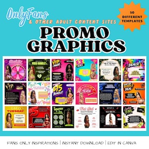 Peut inclure: Une collection numérique de 50 modèles graphiques promotionnels pour sites de contenu pour adultes, sur fond turquoise vif avec le texte noir en gras OnlyFans & OTHER ADULT CONTENT SITES PROMO GRAPHICS et 50 DIFFERENT TEMPLATES.