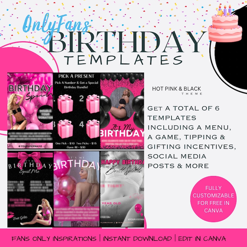 Onlyfans Birthday Templates in Hot Pink, Birthday Games, Birthday Brand Kit for Social Media