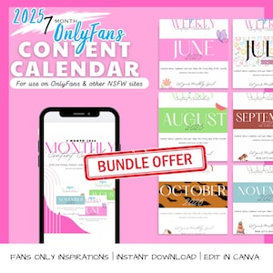 May include: A pink digital content calendar for OnlyFans and other NSFW sites. The calendar includes a bundle offer and features months like June, July, August, September, October, and November 2025. The image also shows a smartphone displaying the calendar.