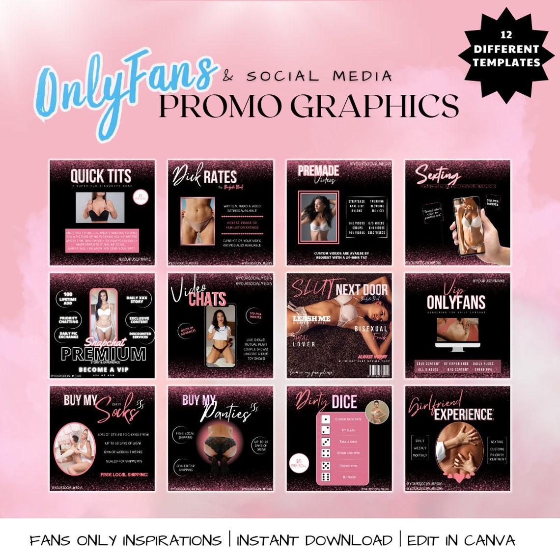 Onlyfans Promo Graphics Templates in Pink and Black, Promo Templates, Social Media Templates